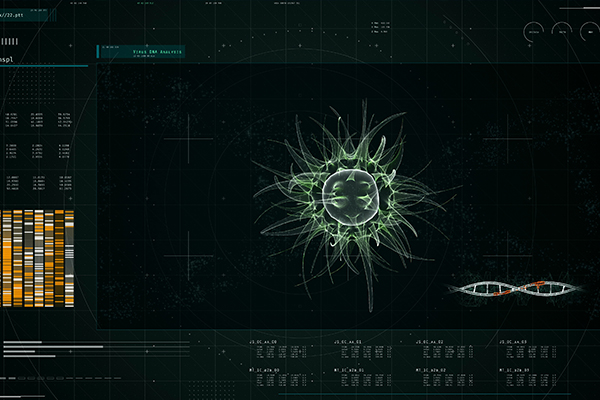 3D rendering of a green virus with a helix-shaped DNA strand underneath it.